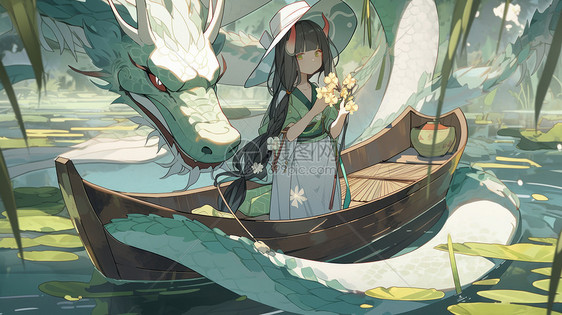 站在小船上手拿花朵一只巨龙围绕她图片
