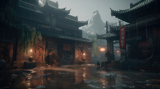 大雨中古老的中国风建筑亮起灯笼图片