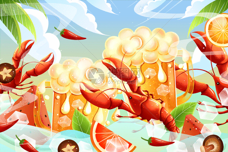 夏日美食啤酒小龙虾插画gif动图图片