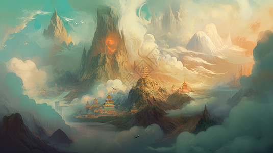 云雾缭绕的山川中一座古老神秘的东方城市数字艺术图片