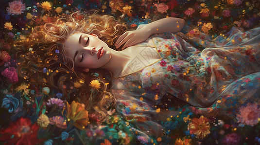 梦幻金色长发卷发的女孩躺在花丛中睡觉背景图片