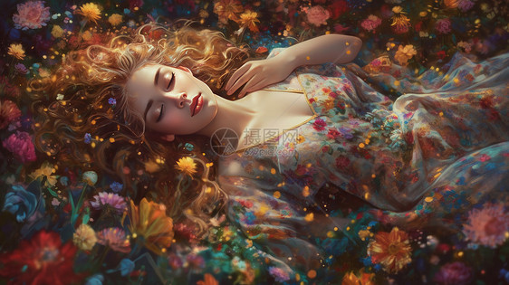 梦幻金色长发卷发的女孩躺在花丛中睡觉图片