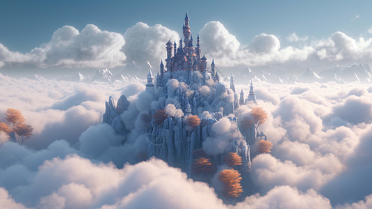 一座神秘的梦幻复古欧式城堡在白白的云朵上图片