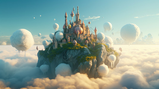 梦幻复古软软的云朵上的卡通城堡图片