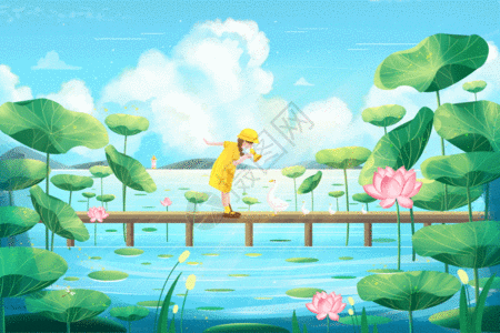 夏天的云清新治愈夏天池塘上的小女孩GIF高清图片