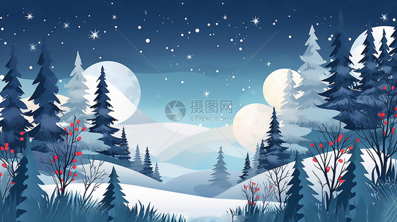 冬天挂满冰雪的松树卡通插图图片