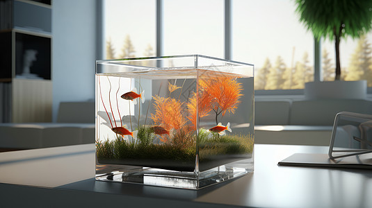 放在桌子上的透明鱼缸里有小红鱼背景图片