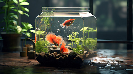 透明玻璃鱼缸里三条小红鱼背景图片