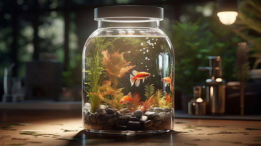 在灯光下透明玻璃鱼缸里漂亮的小红鱼图片