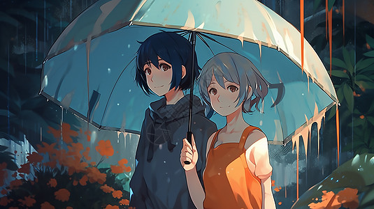下雨天一起撑伞去玩的朋友图片