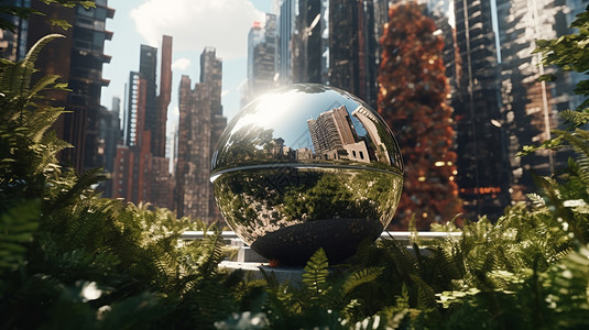 在植物丛中的一颗超亮的金属球城市雕塑背景图片