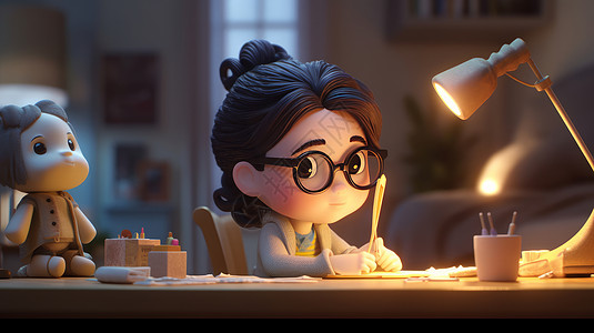 儿童戴眼镜在台灯下戴眼镜办公学习的卡通女孩插画