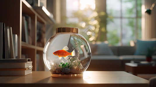 圆形透明玻璃鱼缸中一条红色的小鱼图片