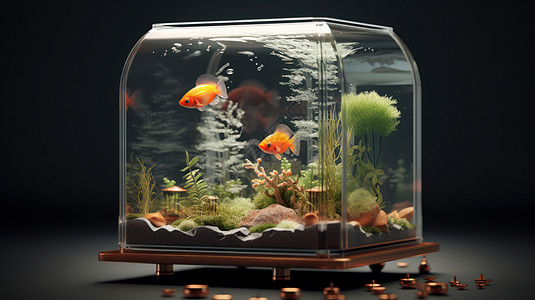 透明的玻璃鱼缸中两条可爱的小红鱼在游泳高清图片