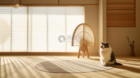 整洁的日系风屋内一只猫坐在地垫上图片