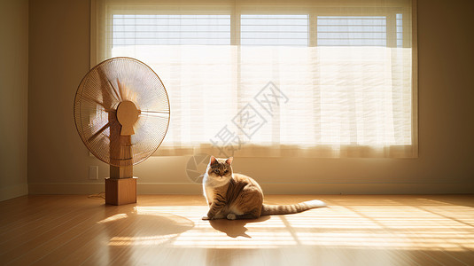 日系风室内一只花猫在吹电风扇图片