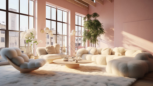 粉色墙面华丽的客厅毛茸茸的沙发和地垫图片