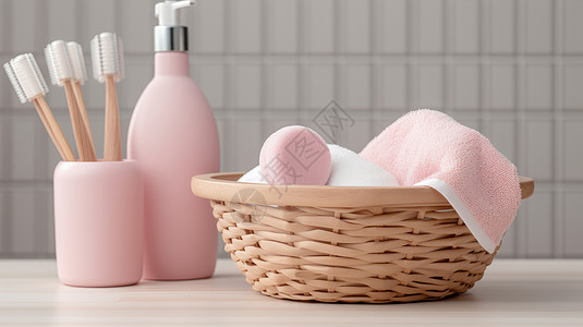 竹篮子里放满和沐浴用品旁边放着粉色瓶装沐浴露图片
