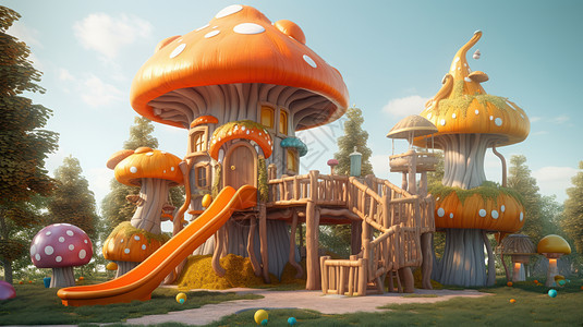 橙色蘑菇卡通木屋背景图片