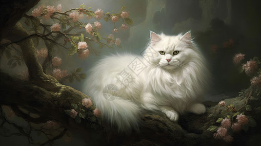 趴在开花的树上的长毛白色猫图片