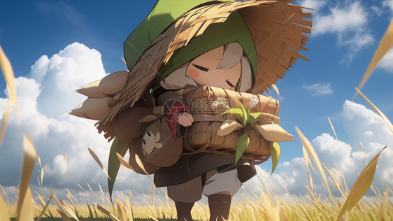 戴着草帽抱着箱子站在田间的卡通人物图片
