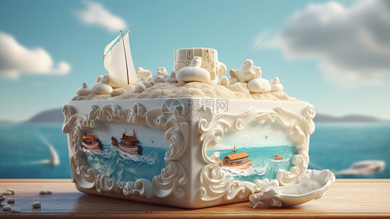 白色浮雕欧式花纹大海沙滩船坞创意瓶子摆件图片
