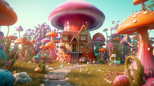 蘑菇中可爱立体卡通童话房子图片