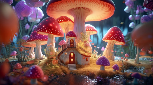 夜晚闪闪发光的梦幻卡通童话立体蘑菇屋图片
