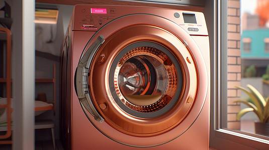 粉色金属质感滚筒洗衣机图片