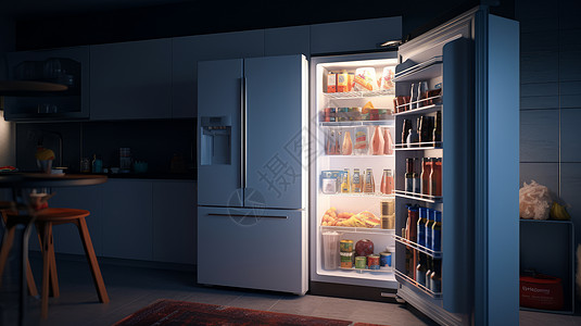 在厨房夜晚亮着灯打开的冰箱装满食物图片