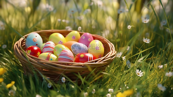 草地上复活节彩蛋在篮子里图片