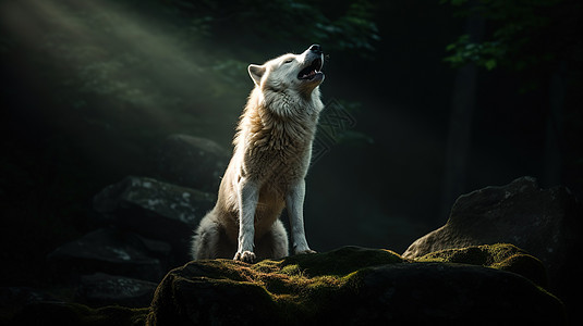 白狼在黑暗森林中站在石头上的嚎叫图片