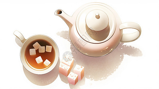 传统茶壶和杯子的俯视图图片