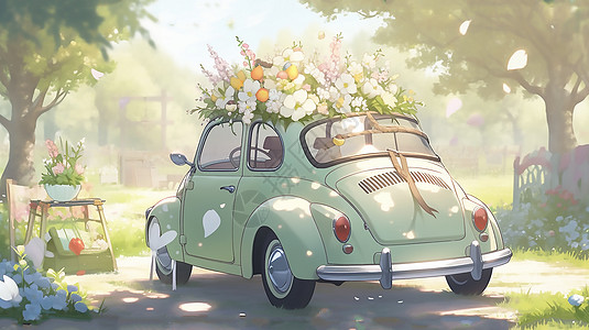 可爱的小汽车上面放着鲜花背景图片