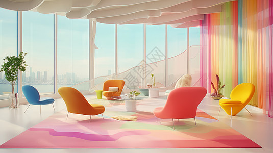 超大玻璃窗内炫彩超现实设计休闲大厅图片