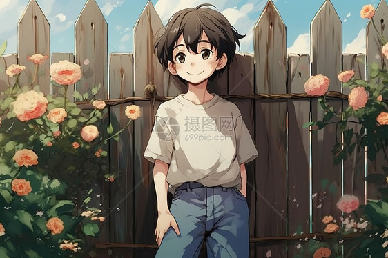 帅气男孩靠在篱笆上花朵动漫图片