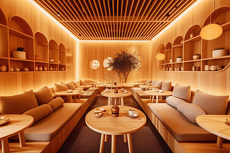 室内设计中式茶馆极简主义原木风图片