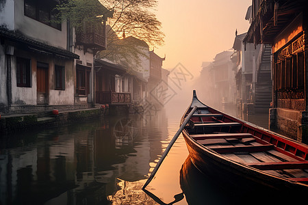 柔和烟雨蒙蒙的江南古镇背景图片