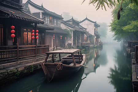 美丽烟雨蒙蒙的江南古镇背景图片