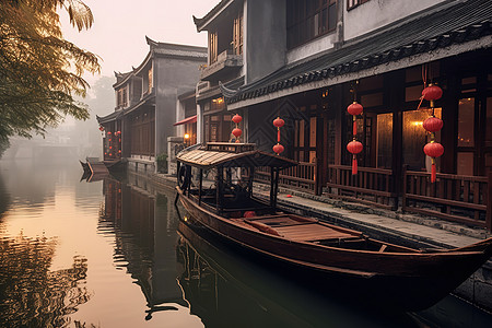柔和而美丽烟雨蒙蒙的江南古镇背景图片