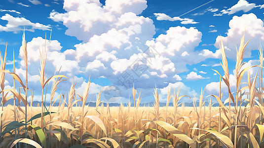 夏季天空布满云彩的金色麦田图片