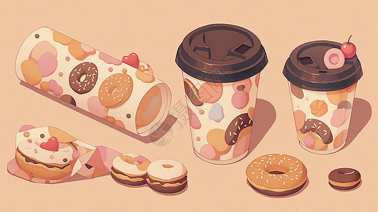 手绘咖啡杯和甜甜圈插图图片
