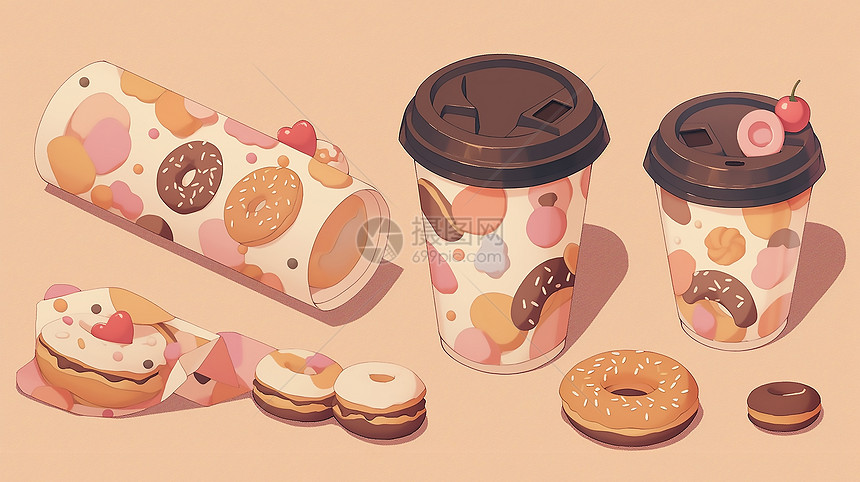 手绘咖啡杯和甜甜圈插图图片