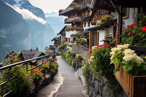 童话般的雪山下古镇小镇旅游图片