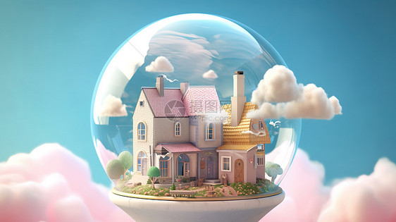 玻璃球中的房屋在空中图片