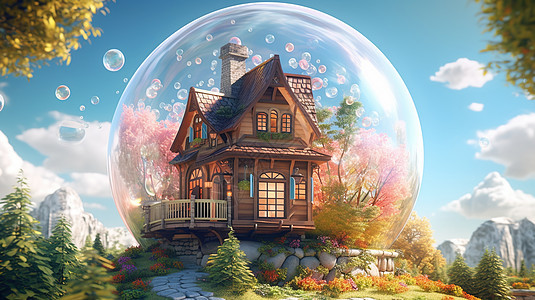 奇特的玻璃球中森系小木屋背景图片