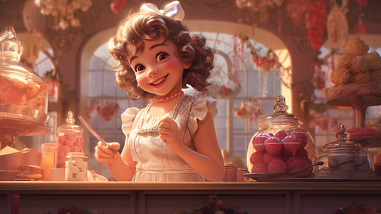 甜美的小女孩在糖果屋图片