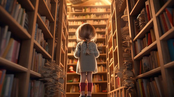 长发小女孩抬头看着图书馆里的书图片