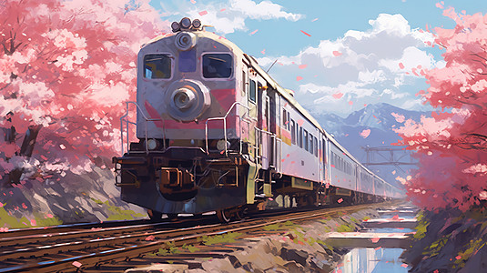 春日里经过樱花树的列车背景图片