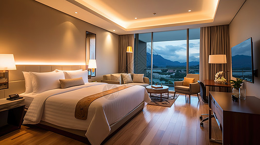 酒店的大床可以看见远山的酒店标准房插画